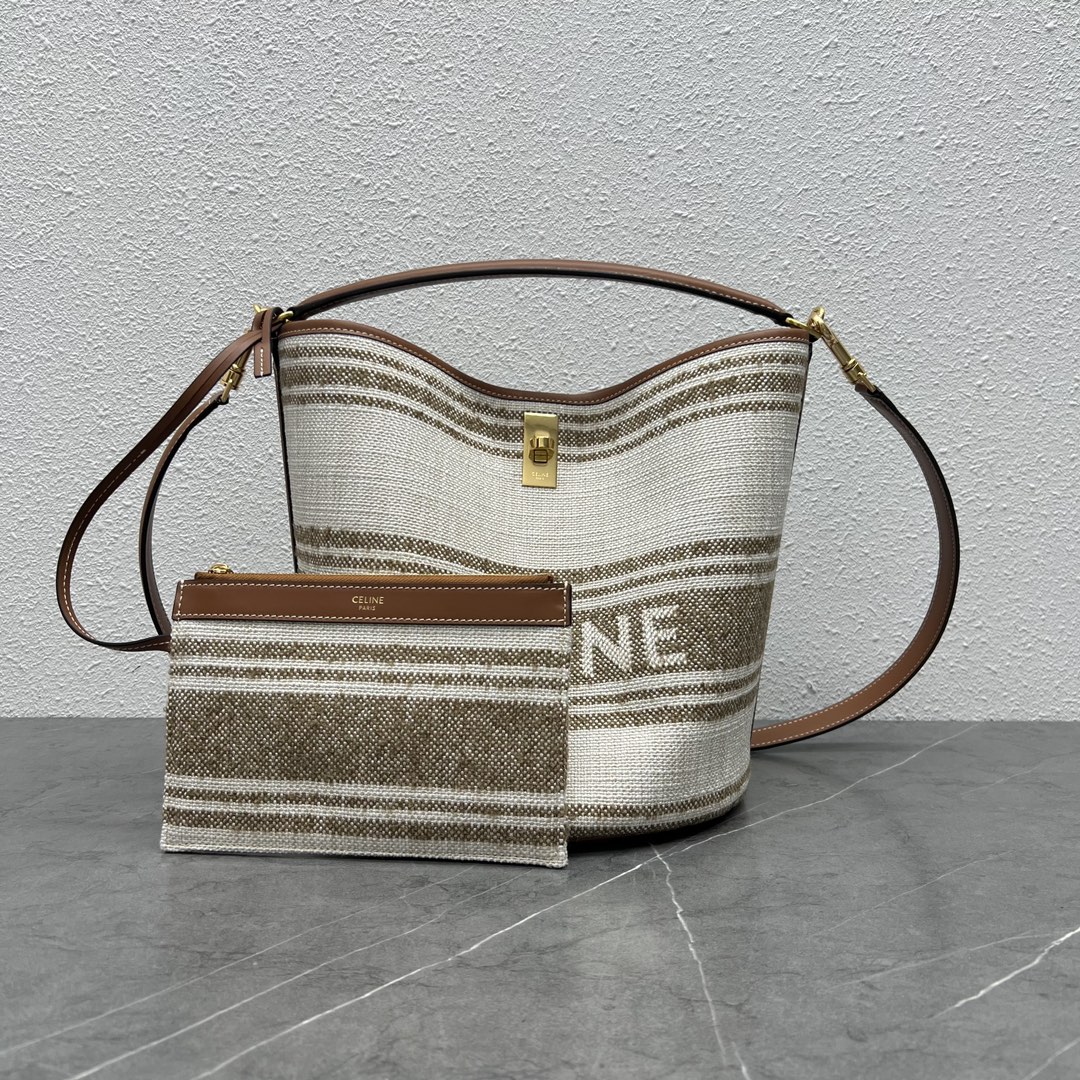 Celine Bucket 16 Smooth Calfskin Canvas Handbag Shoulder Bag Tan 195573